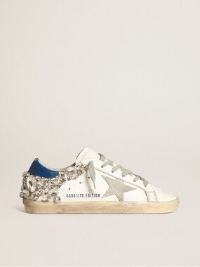 Golden Goose Superstar White Leather Sneakers with Swarovski and Blue Heel 38